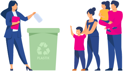 Kobieta wyrzuca plastikową butelkę do zielonego pojemnika na plastik. Obok przygląda się rodzina z dziećmi